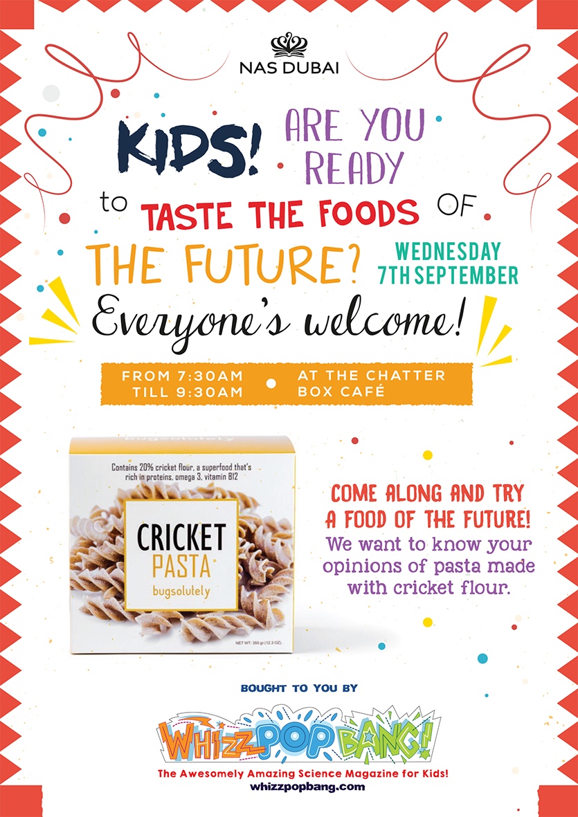 Poster inviting kids to try cricket pasta at Nord Anglia School Dubai