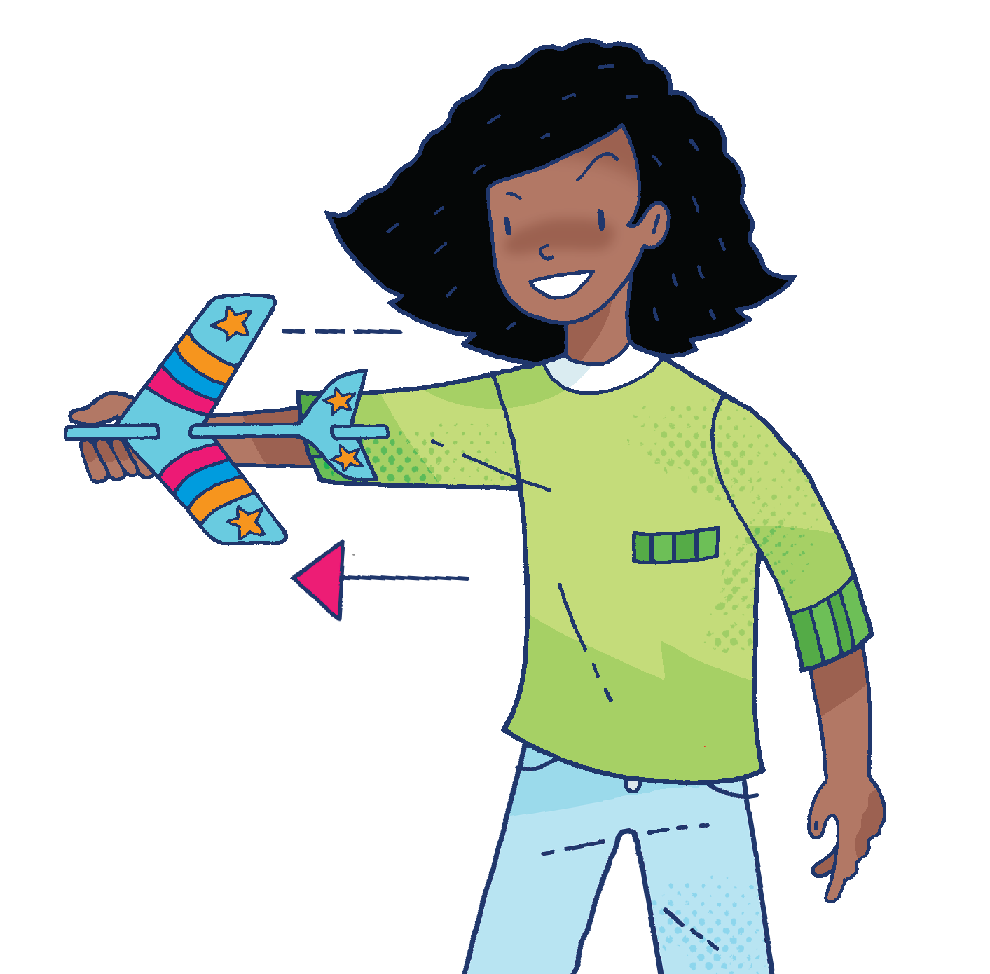 A girl flying a homemade paper stunt plane made form Whizz Pop Bang magazine resources