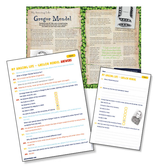 Gregor Mendel reading comprehension for year 6 science lesson