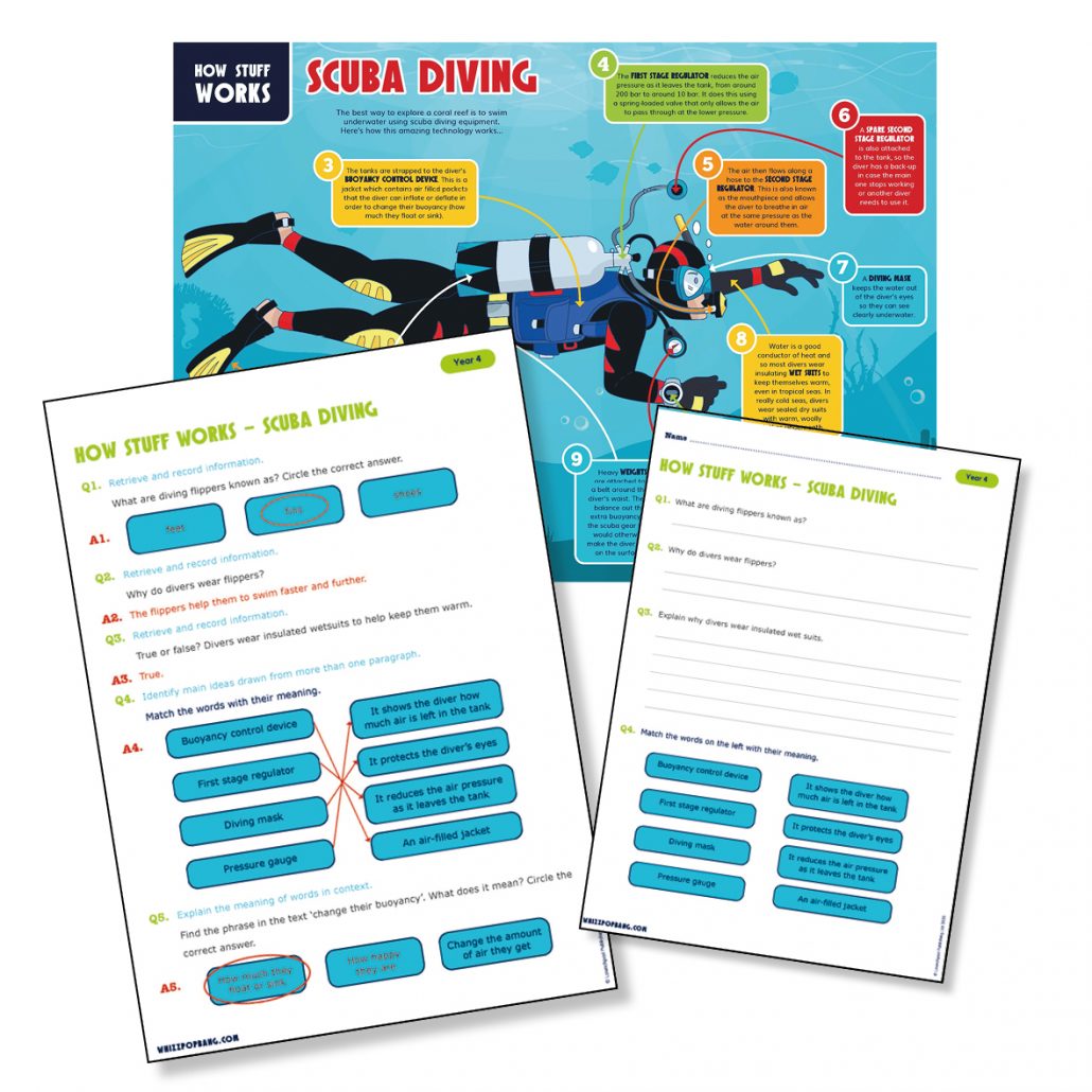Explanation text on scuba diving reading comprehension for year 4 science lessons.