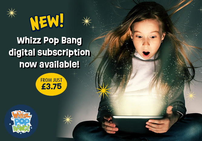 A young girl reads Whizz Pop Bang magazine on her tablet. Digital magazine subscitions are now available for Whizz Pop Bang science magazine!
