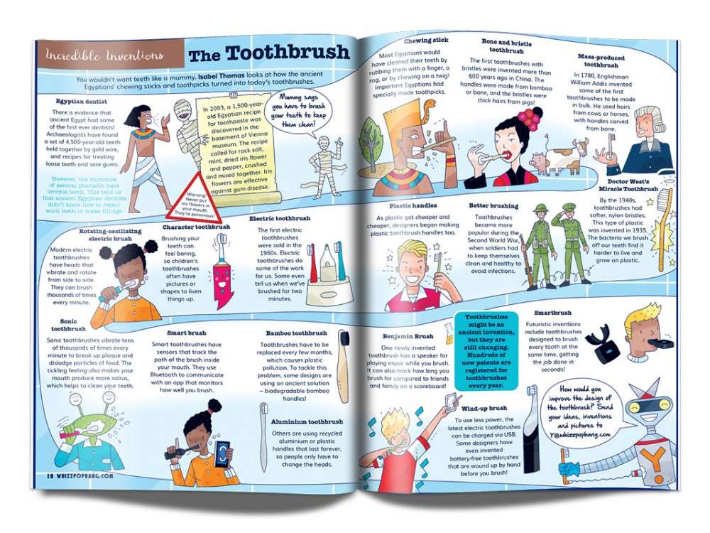 Magazine article for kids about the invention of the toothbrush.