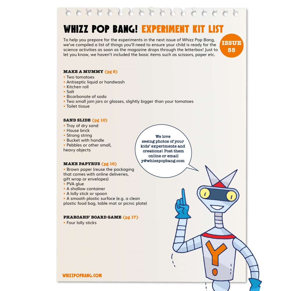Kit list of items needed for Whizz Pop Bang issue 55: Ancient Egypt