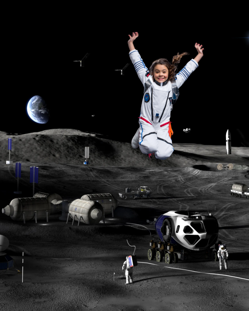 A futuristic Moon base with a child jumping on the lunar surface near Earth