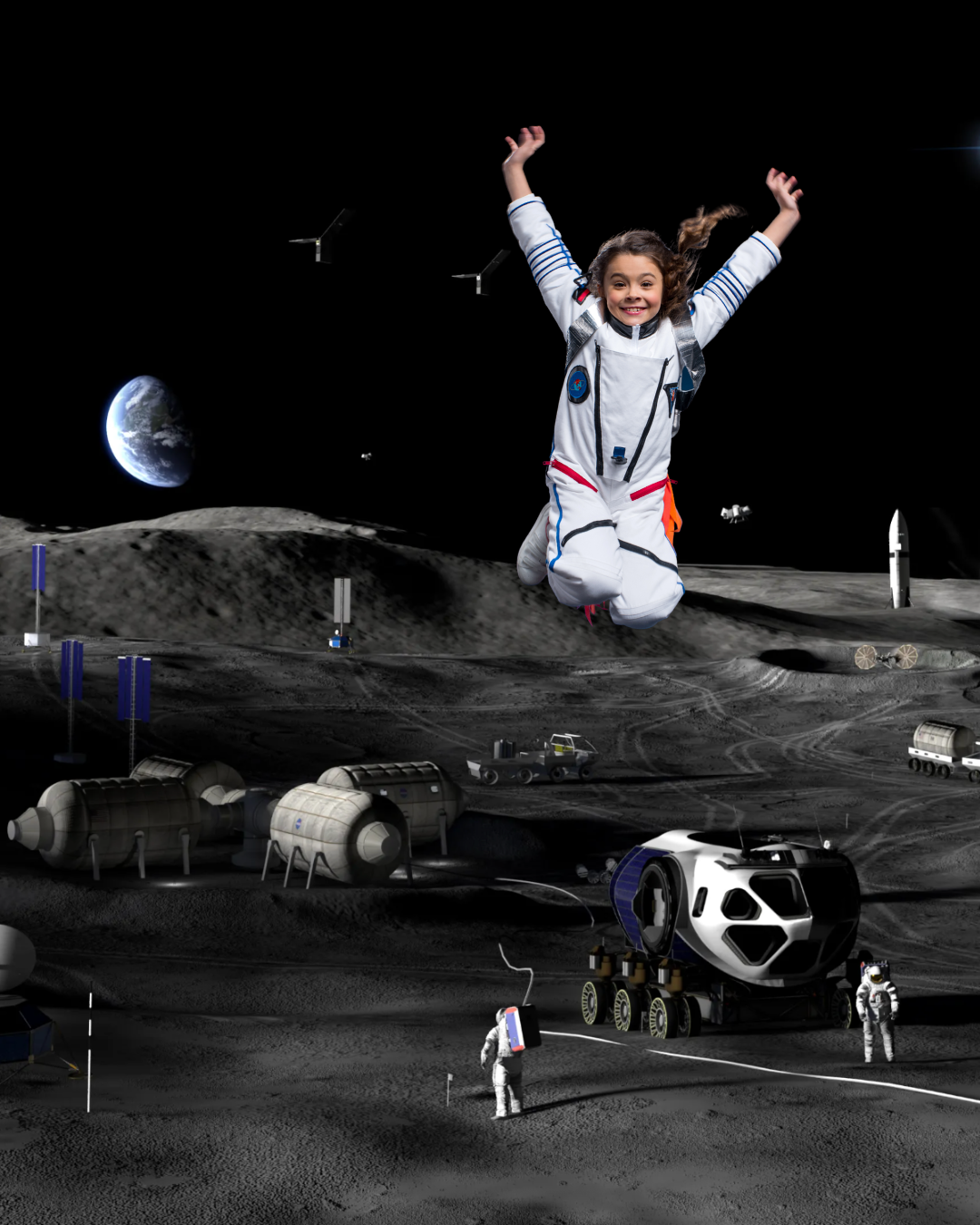 A futuristic Moon base with a child jumping on the lunar surface near Earth