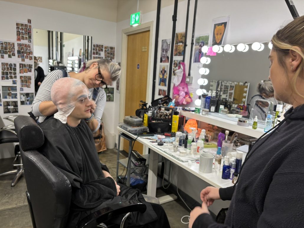 Actor Luke Rollason in the make-up studio being transformed into the Moon for Horrible Science
