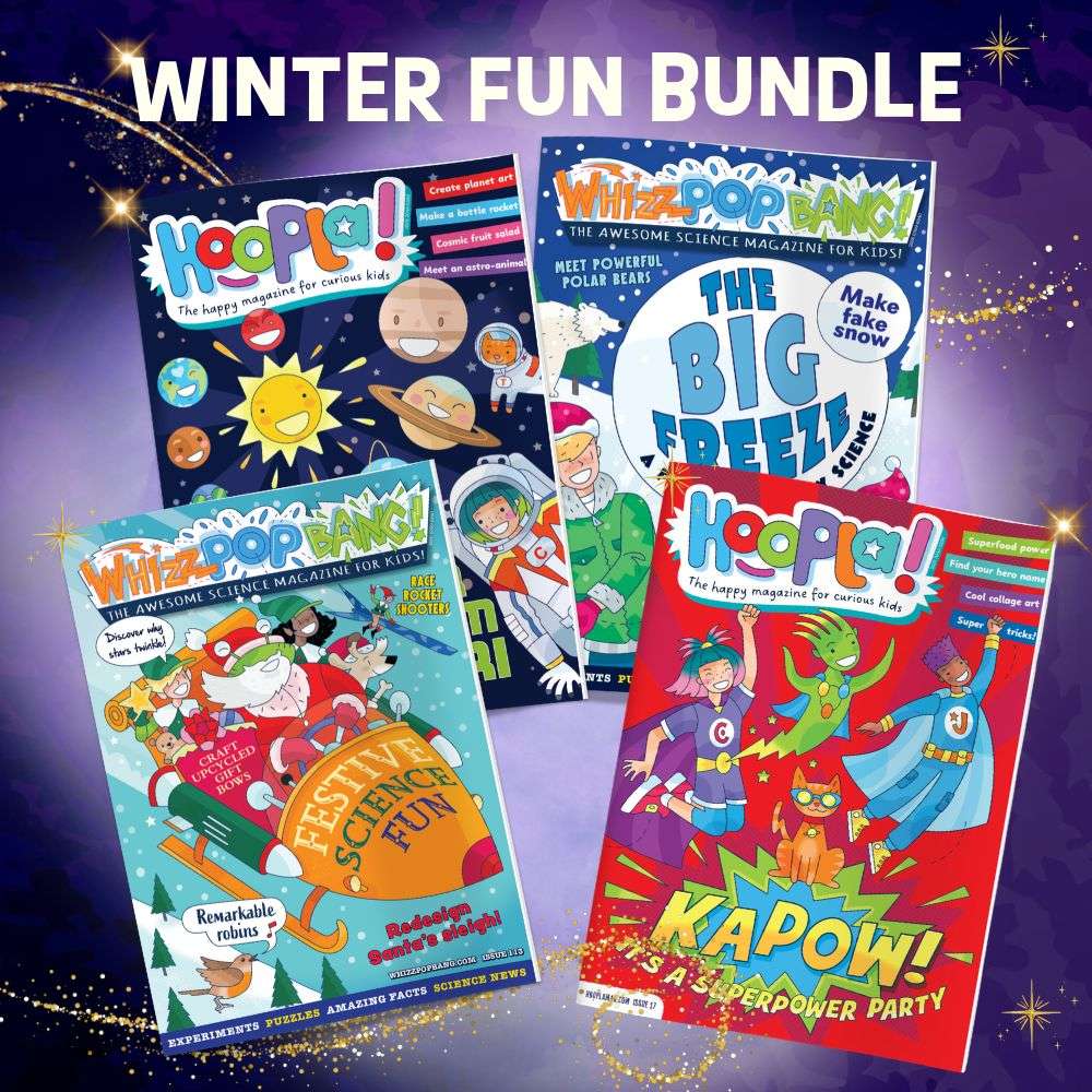 Winter Fun Bundle – two Whizz Pop Bang and two Hoopla magazines, Christmas activities for kids