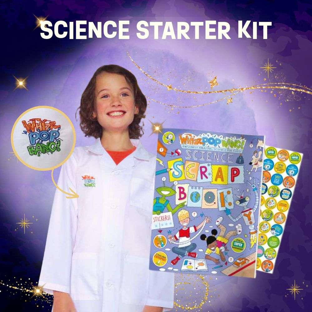 Science Starter Kit – Whizz Pop Bang lab coat, science scrapbook and 70 stickers, science gift for kids