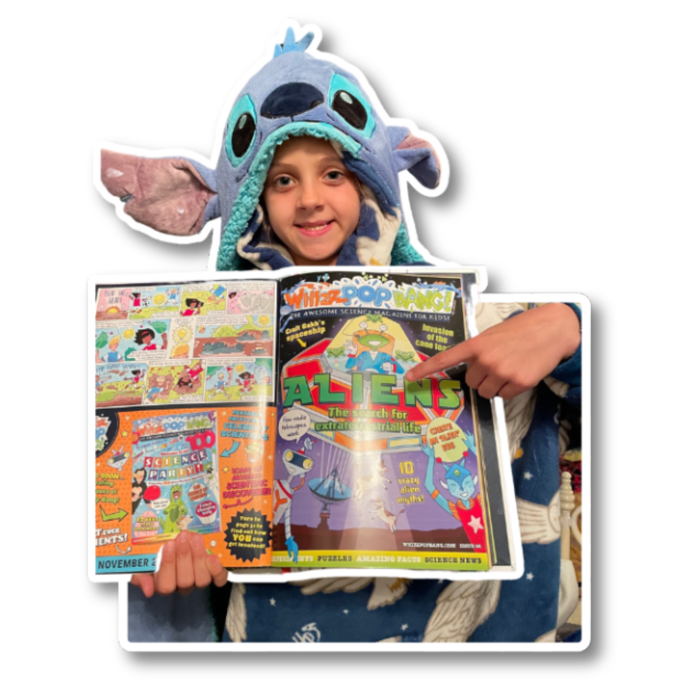 Kid with Whizz Pop Bang magazine in Lilo costume