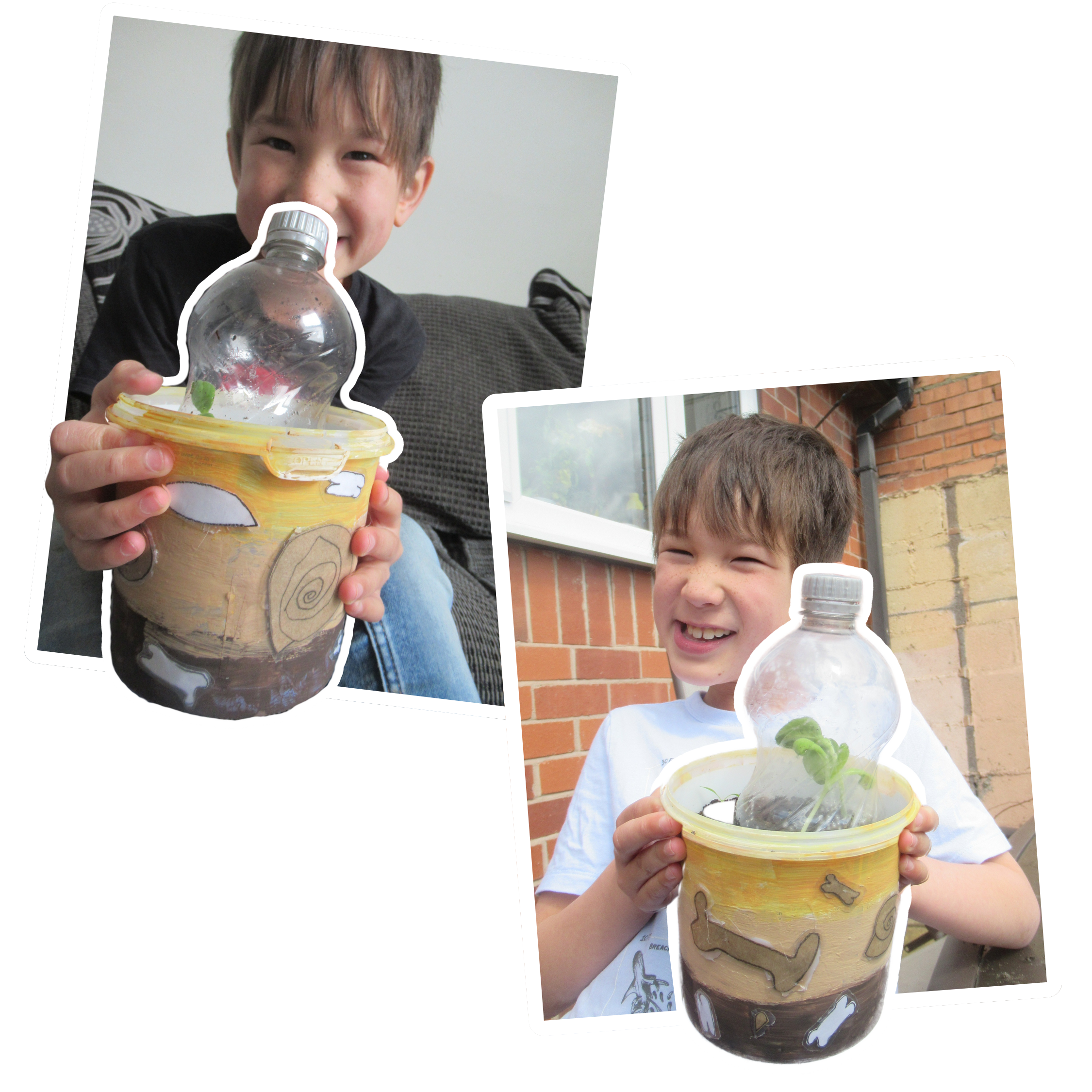 Child with DIY mini greenhouses and sunflowers