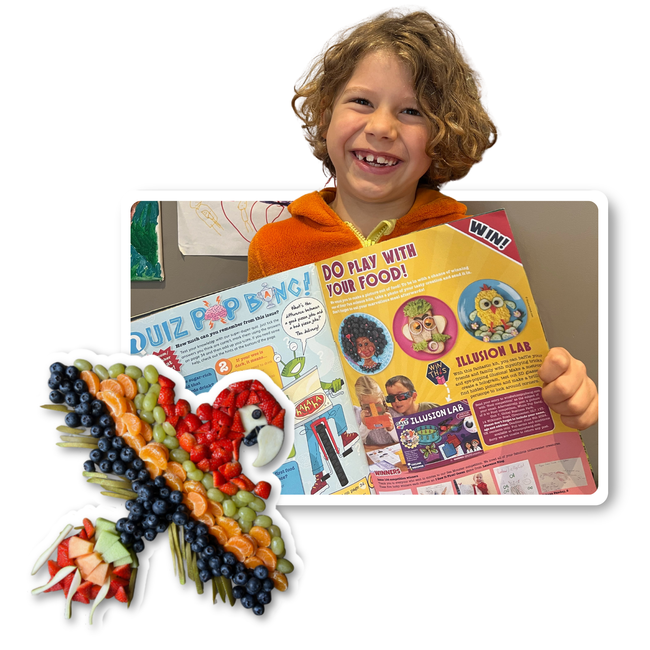 Child with Whizz Pop Bang magazine and fruit salad in shape of parrot