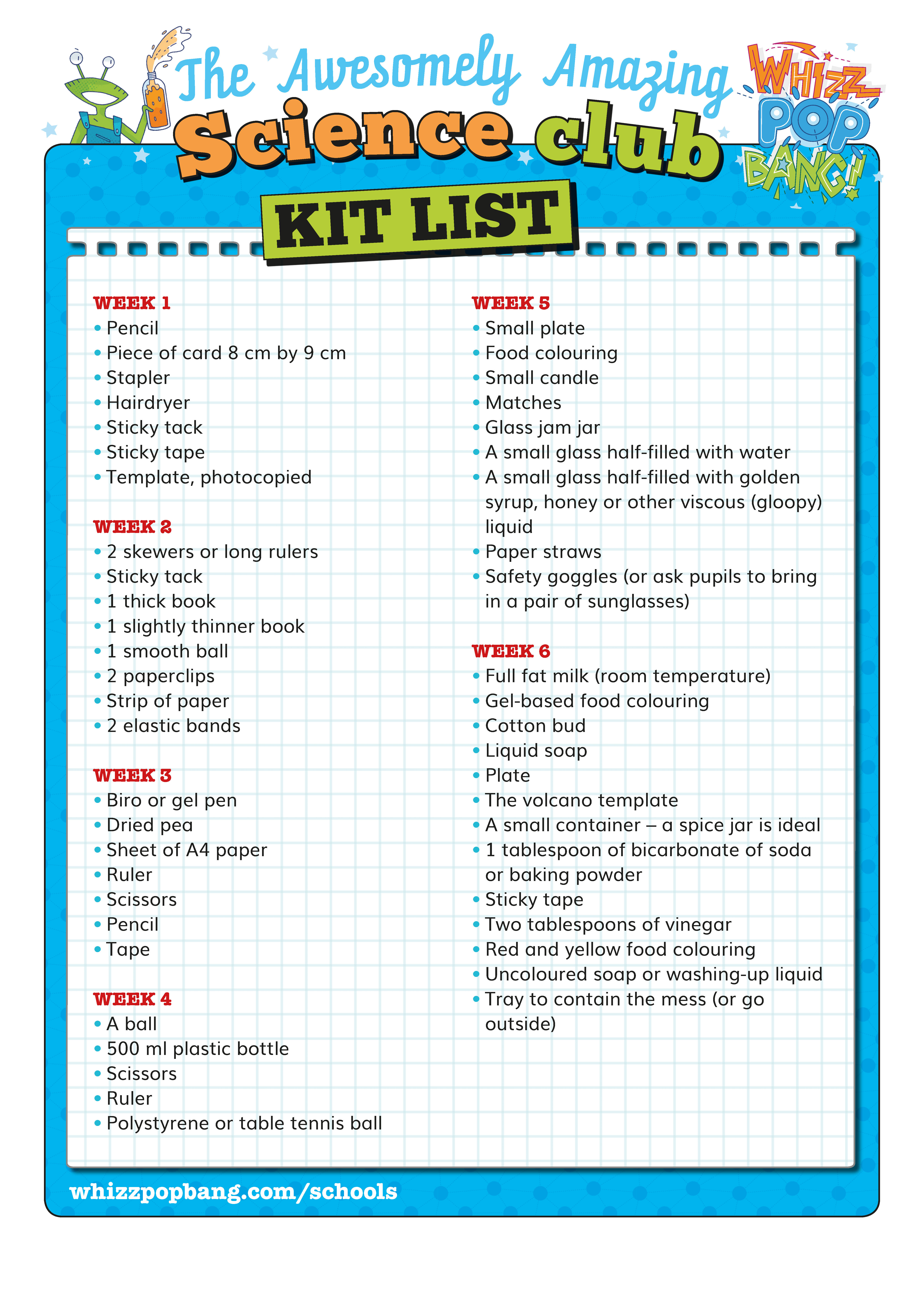 Science club kit list